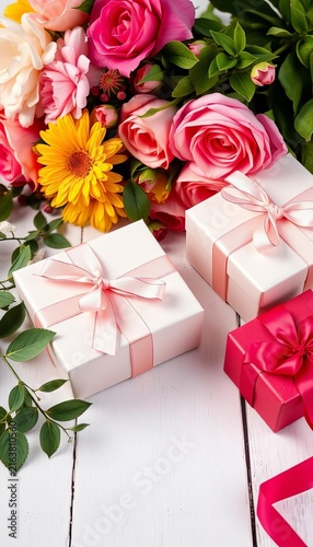 Gift boxes adorned with ribbons near a bouquet of flowers on white wooden surface, party, centerpiece