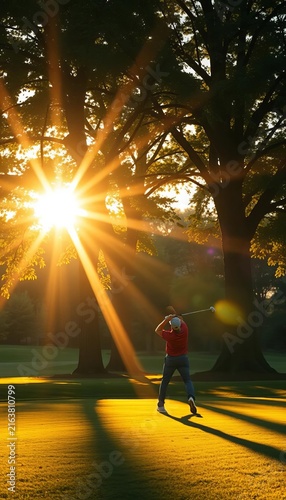 Golden sunlight filters through trees as golf clubs swing back, greenery, fun