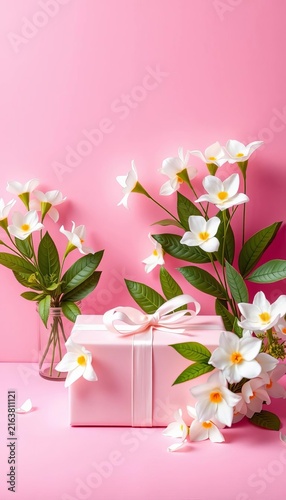 Pink background with white flowers and a present, charm, beauty