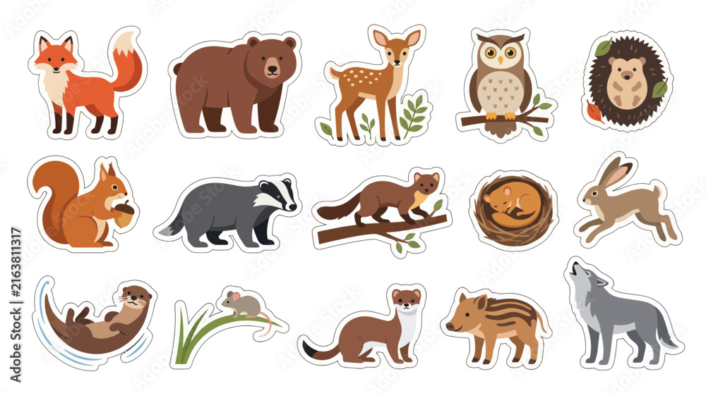 Obraz premium Adorable Woodland Animals Vector Stickers - Fox, Bear, Deer, Owl, Hedgehog, Squirrel