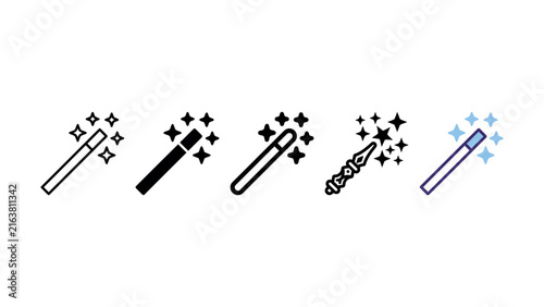 Obraz na płótnie Set of five different magic wand vector icons with sparkles and stars
