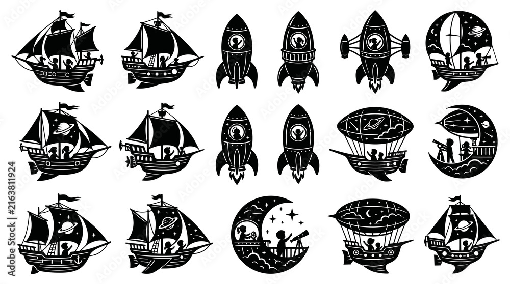 Fototapeta premium Black White Vector Icons: Spaceships, Hot Air Balloons, and Sailboats