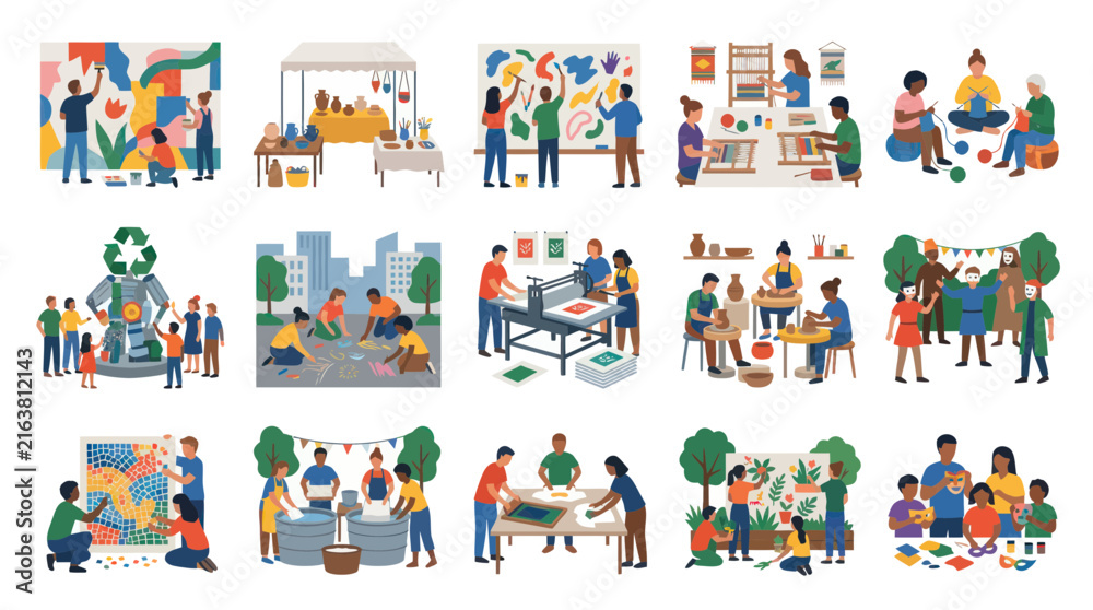 Naklejka premium Diverse People Enjoying Arts Crafts - Flat Vector Illustration