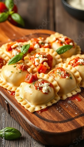Sorrentino-style ravioli filled with savory ricotta and mozzarella cheese mixture, placed on a rustic wooden board, food, Sorrentino