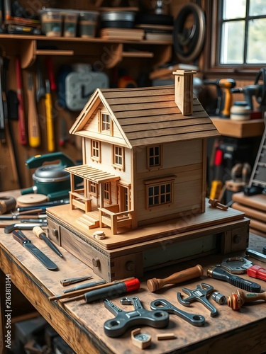 Wooden model house with intricate details and painted finishes sits atop a sturdy worktable amidst a array of tools and hardware, wooden model, woodworking