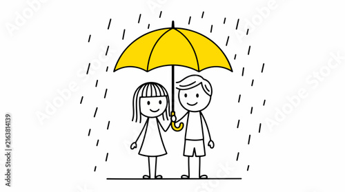 Stick man couple holding yellow umbrella in the rain illustration for design