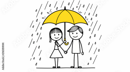 Stick man holding yellow umbrella with woman in rain for love concept illustration