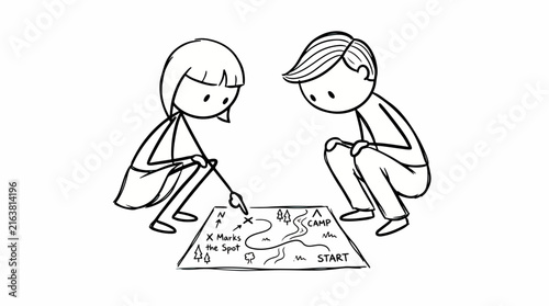 Stick man characters looking at a treasure map together in adventure concept illustration