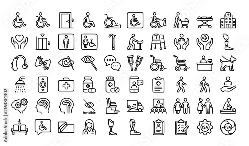 Accessibility Disabled Patient Wheelchair Pixel Perfect Thin Line Vector Icons