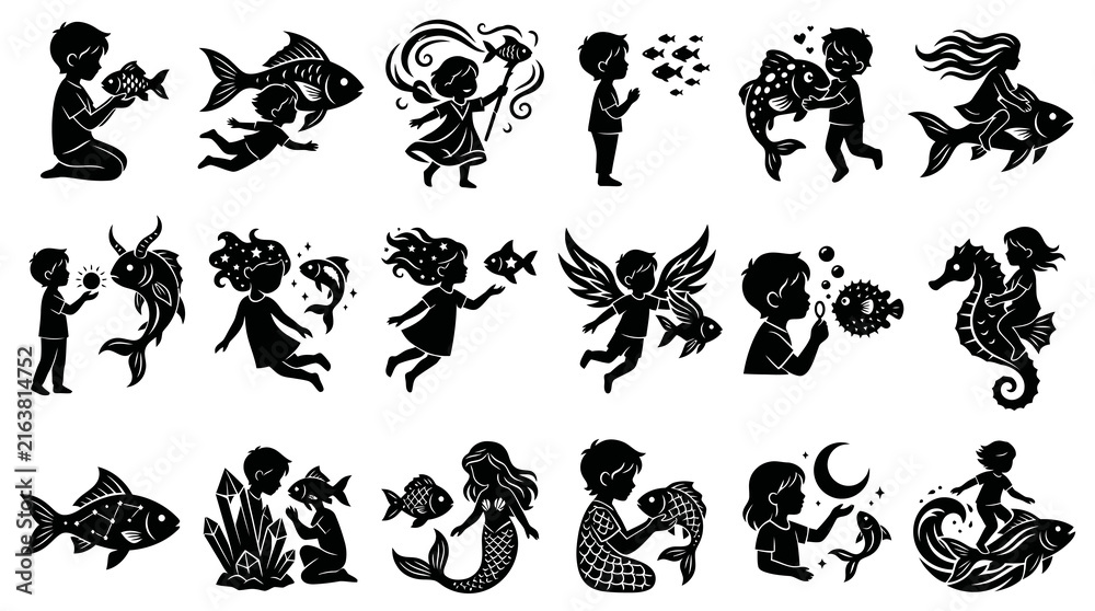 Obraz premium Black and White Silhouettes of Children and Magical Fish and Sea Creatures, Vector Art