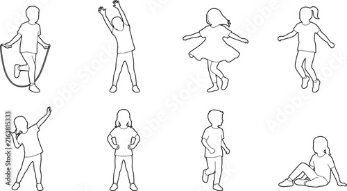 Black and white line drawing of children in playful poses and dynamic physical activities