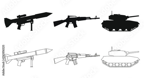Quadro su tela Military Vehicle And Weapon Silhouettes On White Background