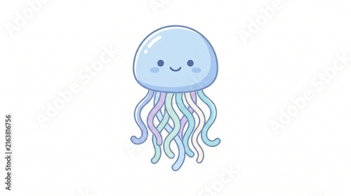 Cute Pastel Blue Jellyfish Character with Wavy Tentacles and Calm Smile | Soft Flat Vector Illustration Isolated on White