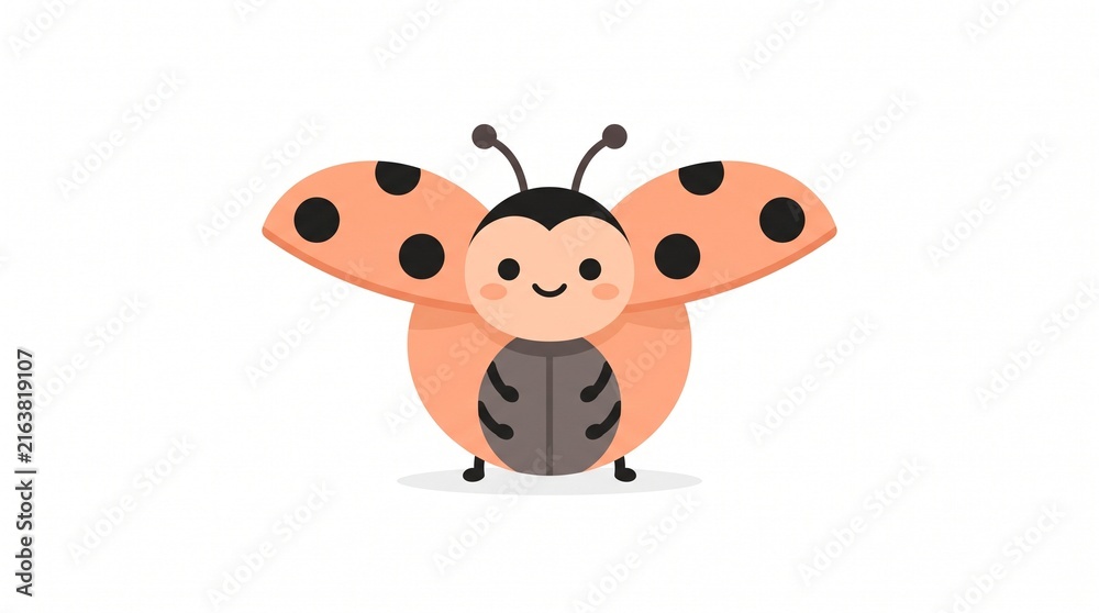 Fototapeta premium Cute Pastel Orange Ladybug Character with Gentle Smile and Tiny Open Wings | Minimal Flat Vector Illustration Isolated on White