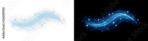 Glowing blue light trail wave featuring digital motion particles with sparkling abstract energy lines created for design on transparent background