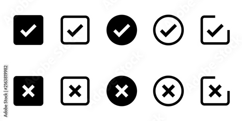 Картината върху платно Check and cross icon set with tick and cancel symbols square circle outline soli