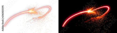 Dynamic arc of glowing red light featuring intense burning metal sparks and vibrant orange embers flying freely on transparent background