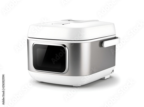 A modern white and stainless steel electric multicooker isolated on a white background.