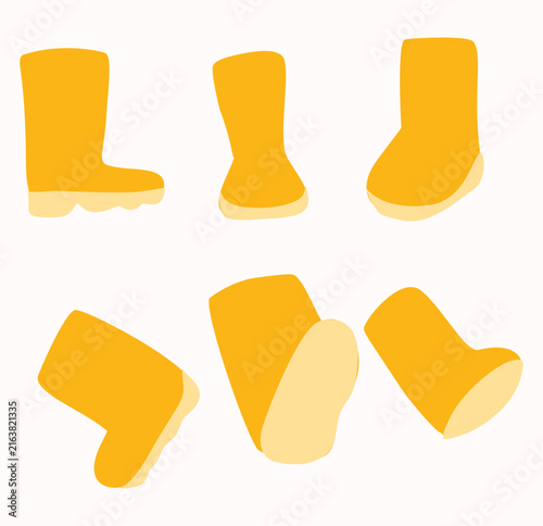 Yellow Gardening Boots Clipart Set in Different Perspectives, Hand Drawn Rain Boot Collection