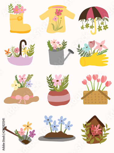 Gardening Flower Clipart Set with Umbrella Yellow Boots Shovel and Vase, Hand Drawn Garden Collection