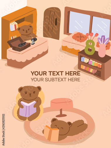 Cute Bear Reading Book Library Poster with Copy Space and Hand Drawn Book Character Illustration