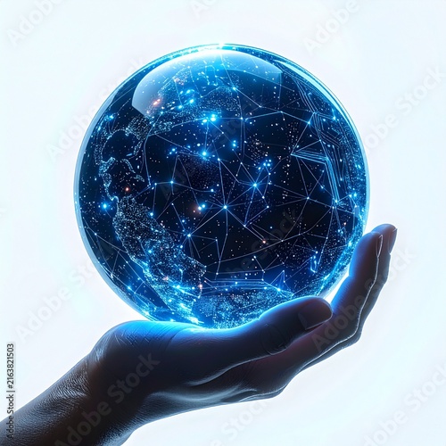 人の手のひらに浮かぶ地球とAIチップによる人工知能と未来社会の3Dコンセプト