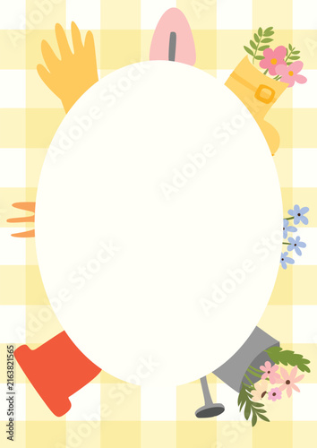 Yellow Checker Gardening Frame with Garden Tools and Floral Elements, Hand Drawn Decorative Poster Design