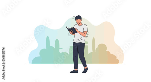 Young man reading book, stylized city background, isolated, transparent background