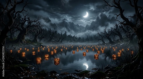 A spooky halloween night scene with glowing jack-o-lanterns floating on a dark misty lake surrounded by dead trees and a crescent moon above