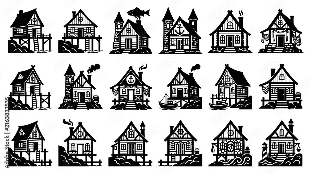Fototapeta premium Black and White Glyph Icon Set: Coastal Fishing Village Houses, Maritime Stilt Cabins, and Seaside Cottages.