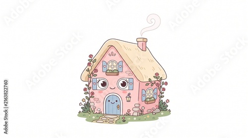 Cute Pastel Pink Cottage House Character with Chimney Smoke Curl and Window Eyes | Whimsical Minimal Flat Vector Illustration