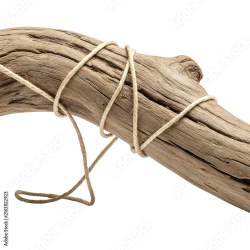 Weathered driftwood branch entwined with natural fiber rope, close-up detail isolated on white background