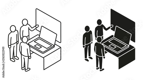 Business team collaborative work on laptop meeting outline icon set