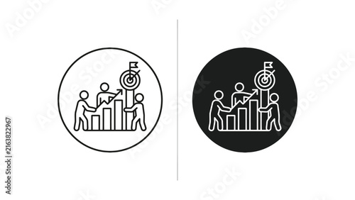 Business growth team collaboration reaching goal target icon set with business