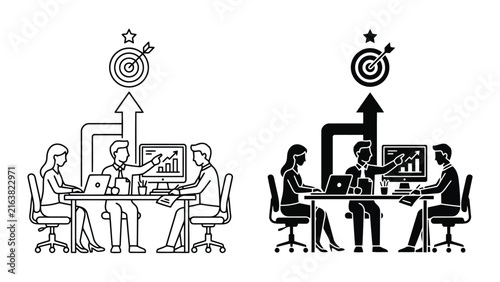 Business team strategic planning meeting with target goal icon set, business