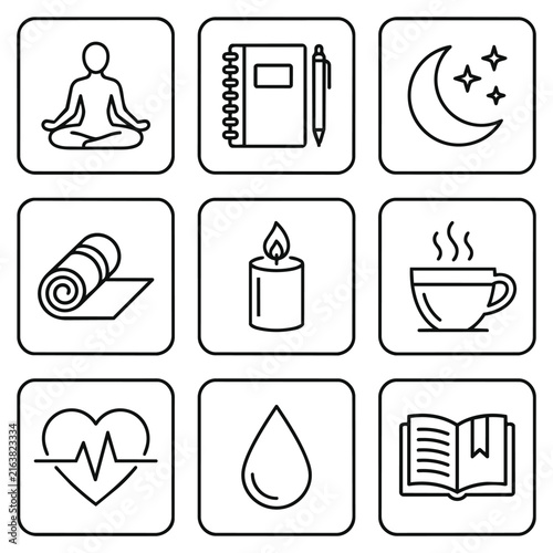 wellness icon, self care icon, mindfulness icon, meditation icon, lotus icon, yoga icon, yoga mat icon, journal icon, journaling icon, sleep icon, moon icon, candle icon, relaxation icon, herbal tea i