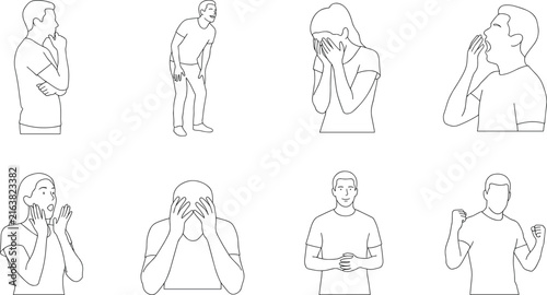 People Expressions and Body Language Line Art Set Depicting Human Emotions Reactions Gestures Vector
