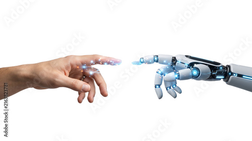 Futuristic robot hand touching human finger, artificial intelligence connection concept, digital technology and humanity partnership isolated PNG with Transparent Background