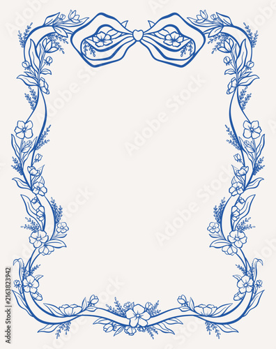 Hand Drawn Whimsical Blue Floral Border and Decorative Bow for Wedding Invitation, Greeting Card and Creative Design
