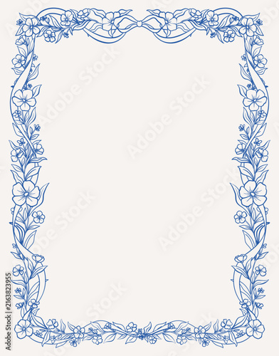 Hand Drawn Whimsical Blue Floral Border and Decorative Bow for Wedding Invitation, Greeting Card and Creative Design