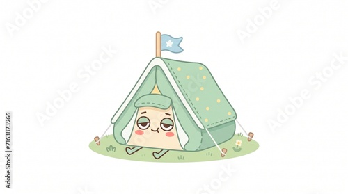 Cute Pastel Green Camping Tent Character with Tiny Flag and Sleepy Face | Minimal Flat Vector Illustration Isolated on White