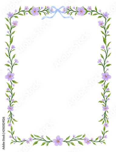 Watercolor Purple Floral Border and Decorative Bow for Wedding Invitation, Greeting Card and Creative Design
