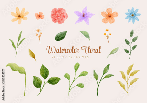 Watercolor Floral Elements Collection with Colorful Flowers, Leaves and Botanical Sprigs for Creative Design