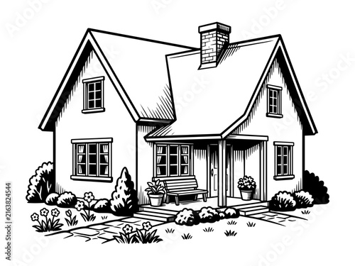 Black and white sketch of a cozy family house with garden porch chimney and front yard line art illustration