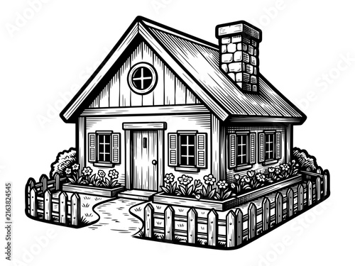 Cozy black and white hand-drawn cottage house illustration with a small wooden fence, chimney, and flower garden