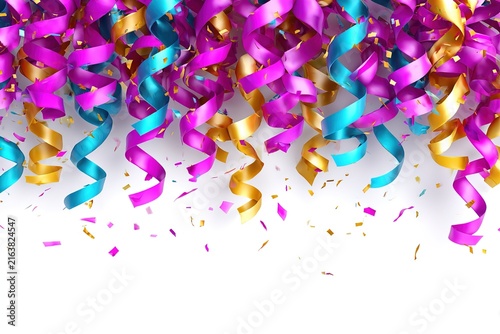 Colorful party streamers and confetti falling on a white background for celebration