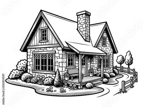 Hand Drawn Vector Illustration of a Charming Stone Cottage with Porch and Garden