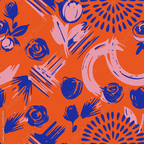 Vibrant seamless pattern with modern floral motifs, hand drawn artistic brush strokes, roses, and creative textures for fabric, print, and wallpaper.