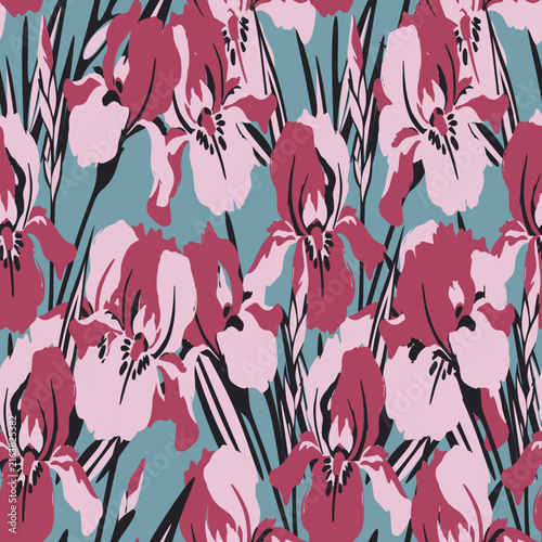 Artistic seamless pattern of pink iris flowers painted with expressive brush strokes on a muted blue backdrop for textile, wallpaper, and apparel.