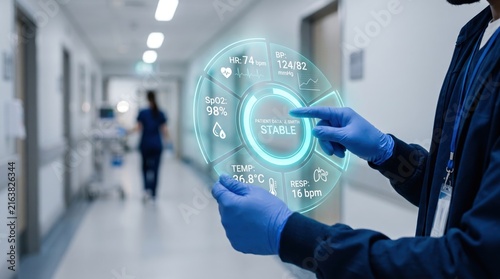 Medical professional touching virtual HUD displaying patient vital signs like heart rate and blood pressure in clinic, digital health monitoring dashboard interface